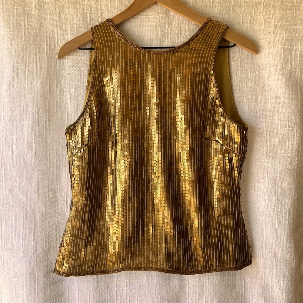 Lawrence Kazar Designer Top | Vintage Gold Sequin Sleeveless Shirt